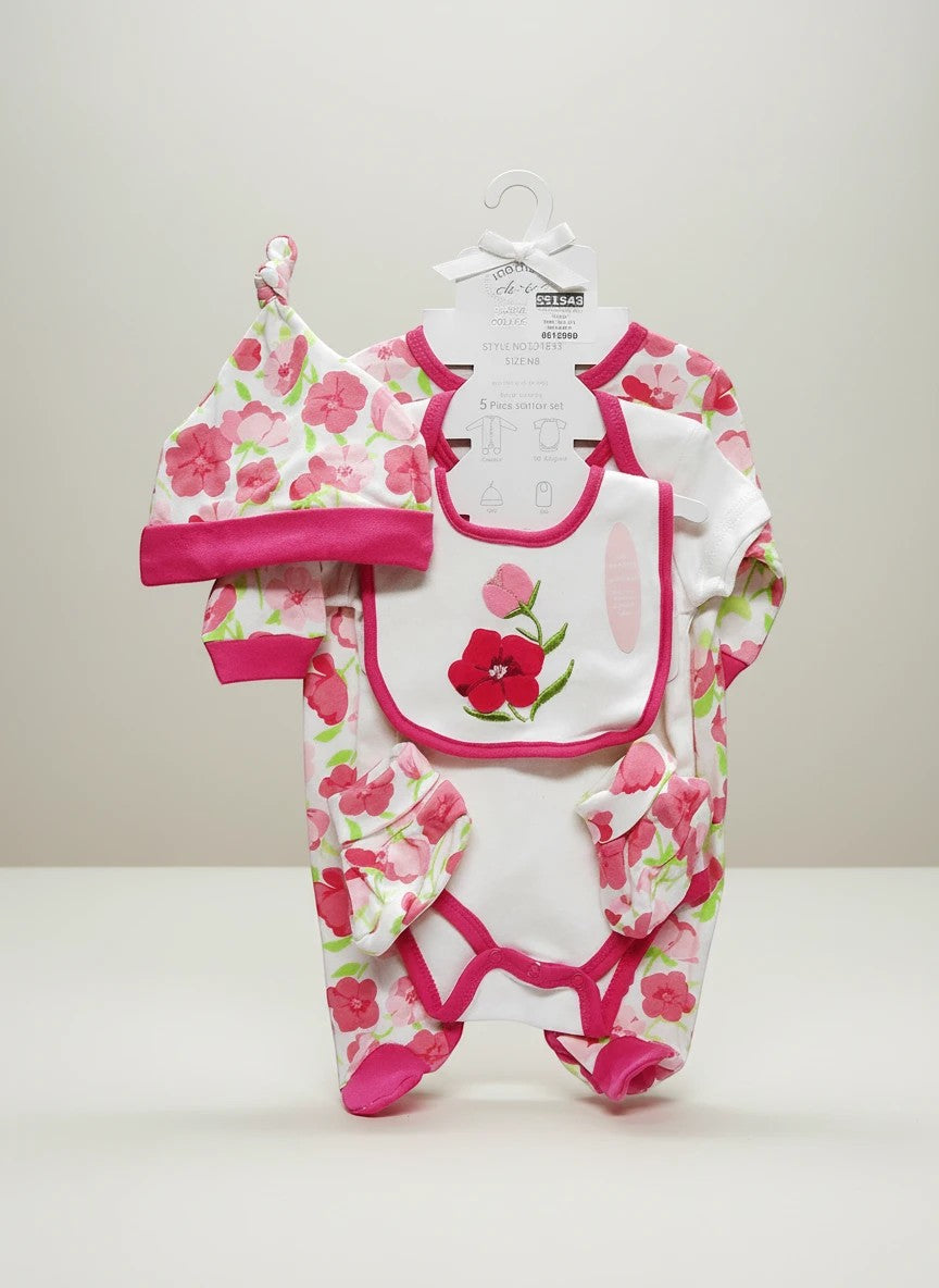 Stork And Baby pink floral 5-piece infant grower set with hat, bib, bodysuit, and mittens. Soft cotton.