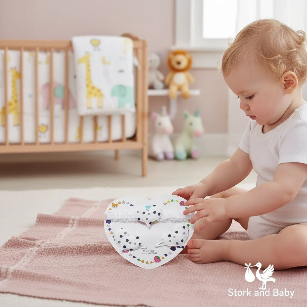 Stork And Baby infant hair accessory set featuring white heart-shaped clips and headband with black polka dot pattern.