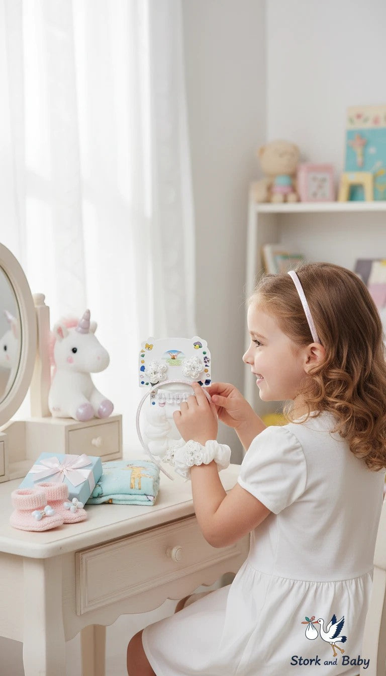 Stork And Baby infant girls hair accessory set featuring white flower clips and gold dot accents on a display card.