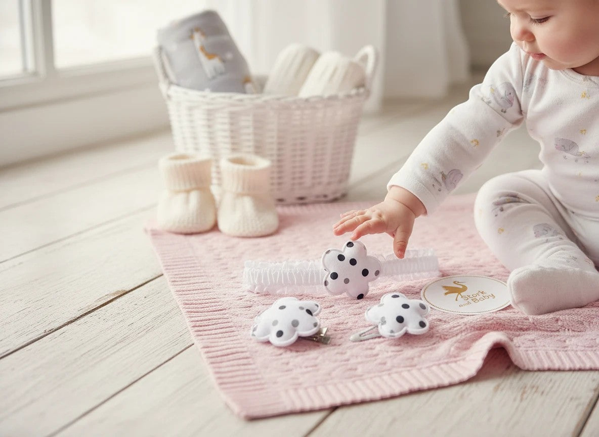 Stork And Baby infant girls hair accessory set featuring white flower clips and headband with black polka dots