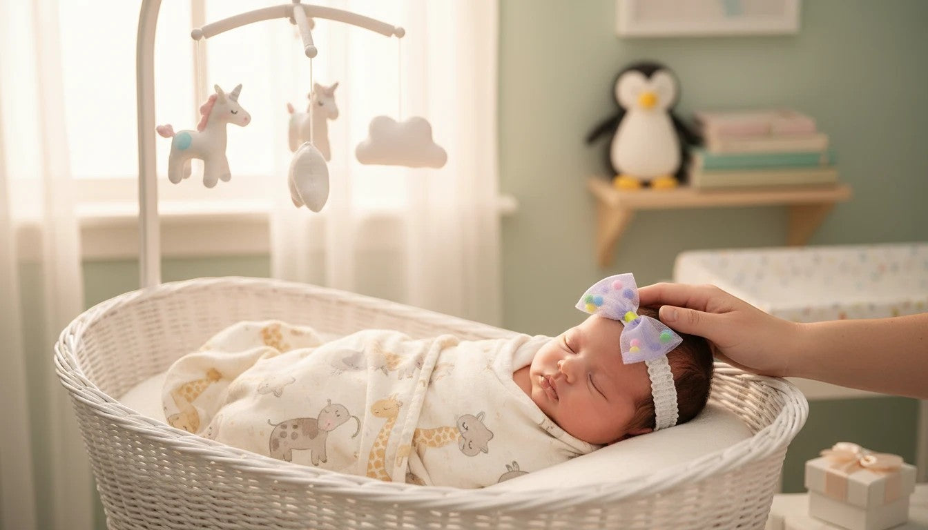 Stork And Baby Mother's Choice infant lace headband with multi-colored bow on a sleeping baby in a white bassinet.