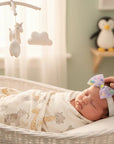 Stork And Baby Mother's Choice infant lace headband with multi-colored bow on a sleeping baby in a white bassinet.