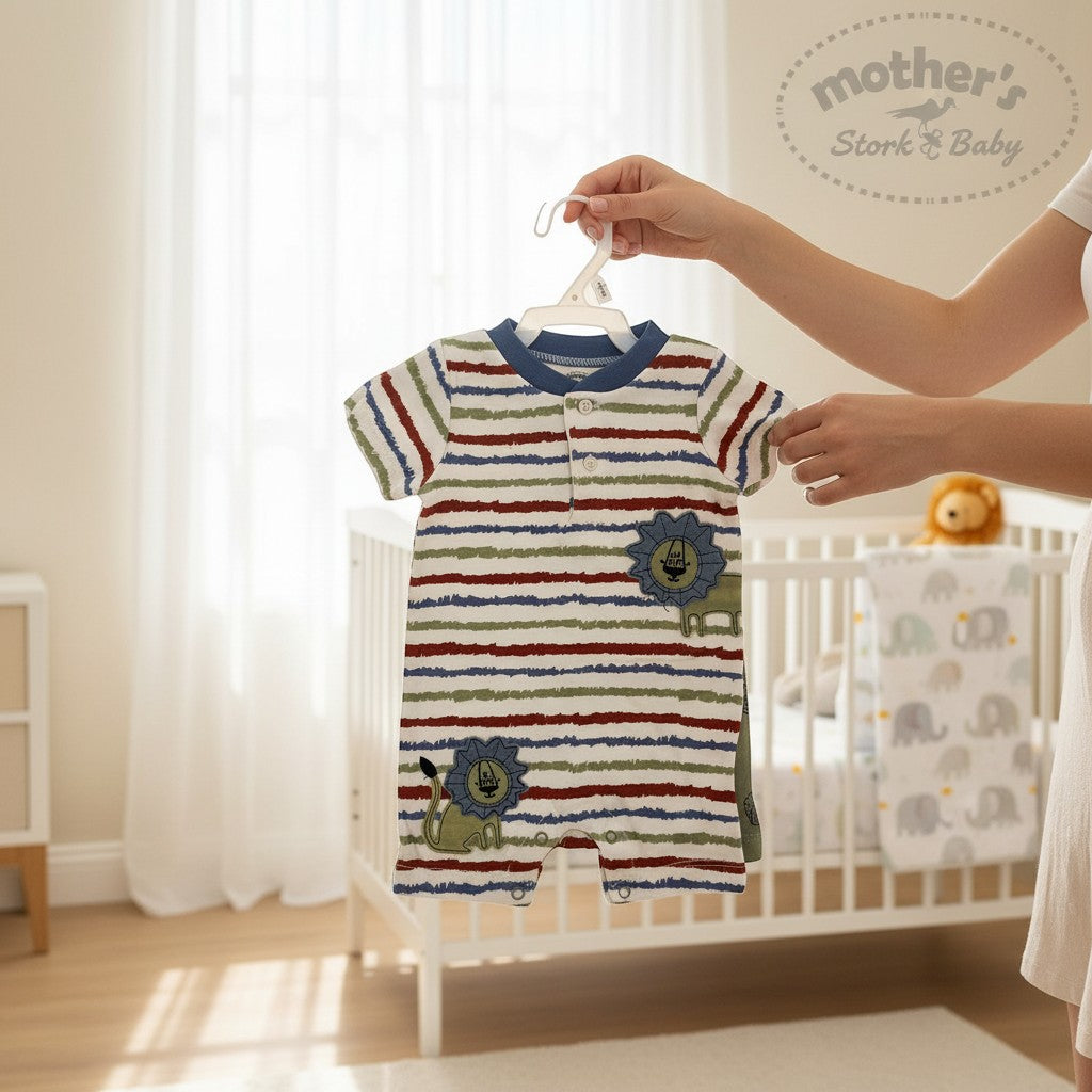 Stork And Baby infant's short-sleeve romper with horizontal stripes in red, blue, and green, featuring two lion appliques. 60% cotton, 40% polyester.