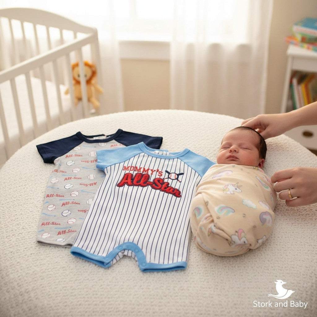 Stork and Baby infant's 2-pack cotton blend rompers: one grey with baseballs and 'All-Star' print, one white with blue pinstripes and 'Mommy's All-Star' graphic.
