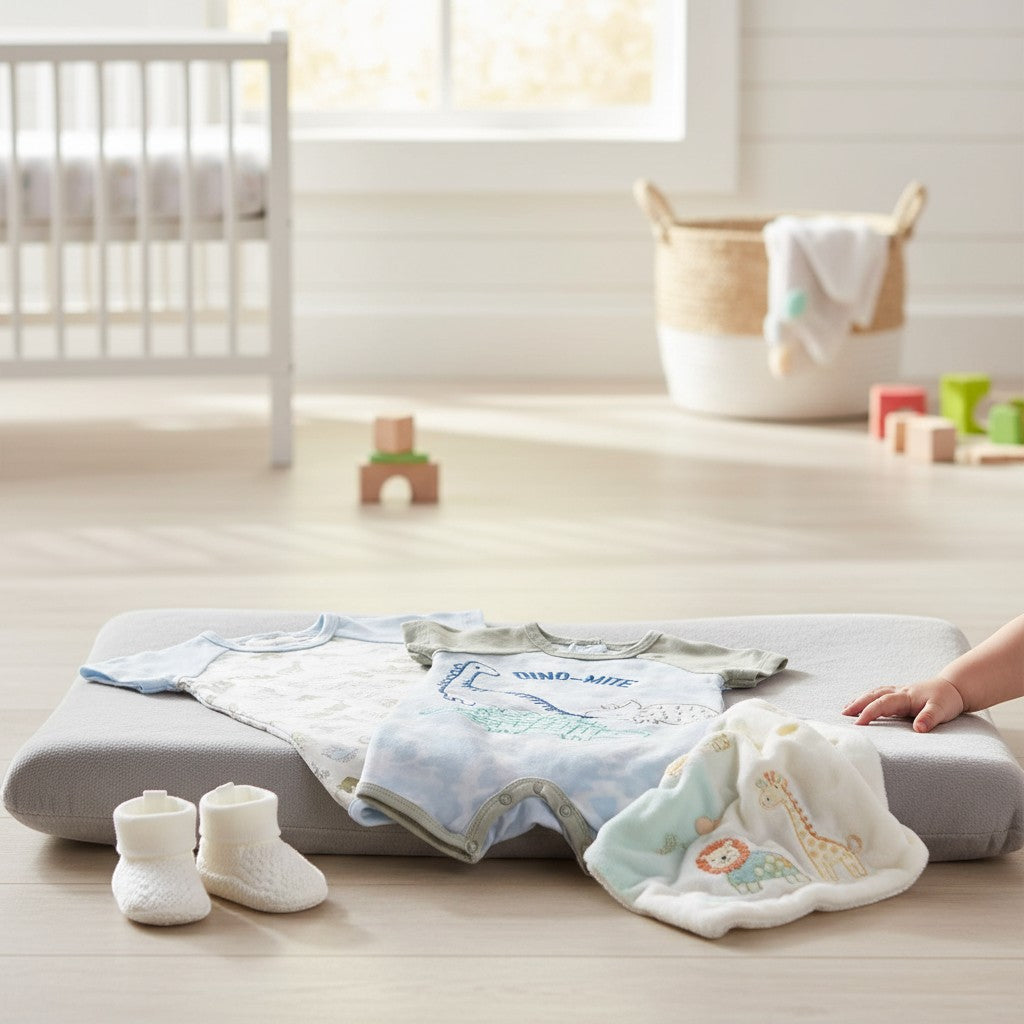 Stork And Baby Infant's 2 pack rompers, 60% cotton 40% polyester, with dinosaur and jungle animal prints.