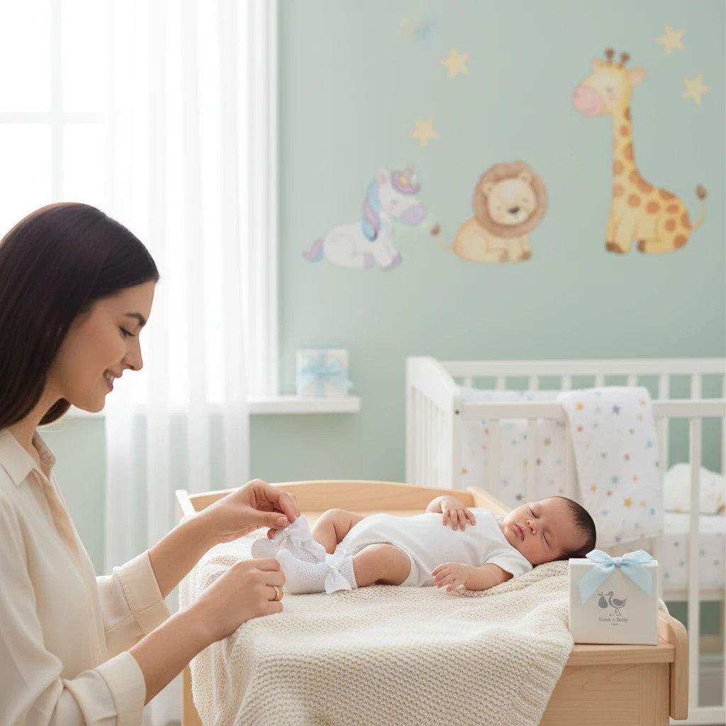 Stork And Baby white infant socks with a bow detail, being put on a baby by a mother.