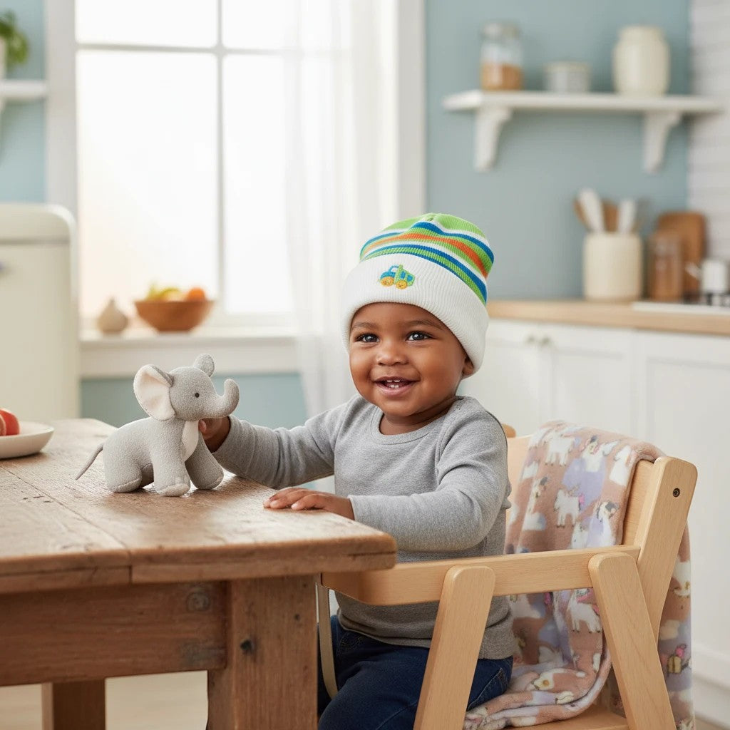 Stork And Baby white knit infant hat with green, blue, and orange stripes and a truck applique. A smiling baby wears the hat.