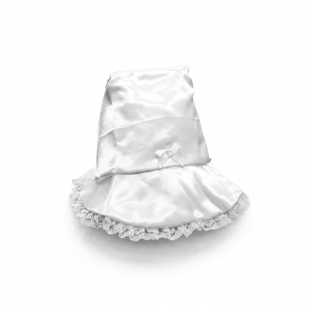Stork And Baby Mother's Choice infant white satin bonnet with delicate lace trim and a small bow for christenings.