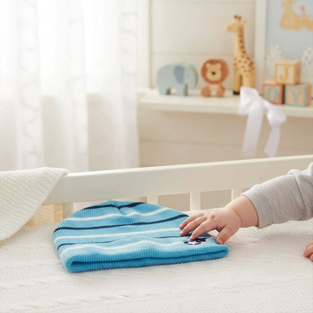 Stork And Baby blue and white striped knit winter hat with a star detail for infants.