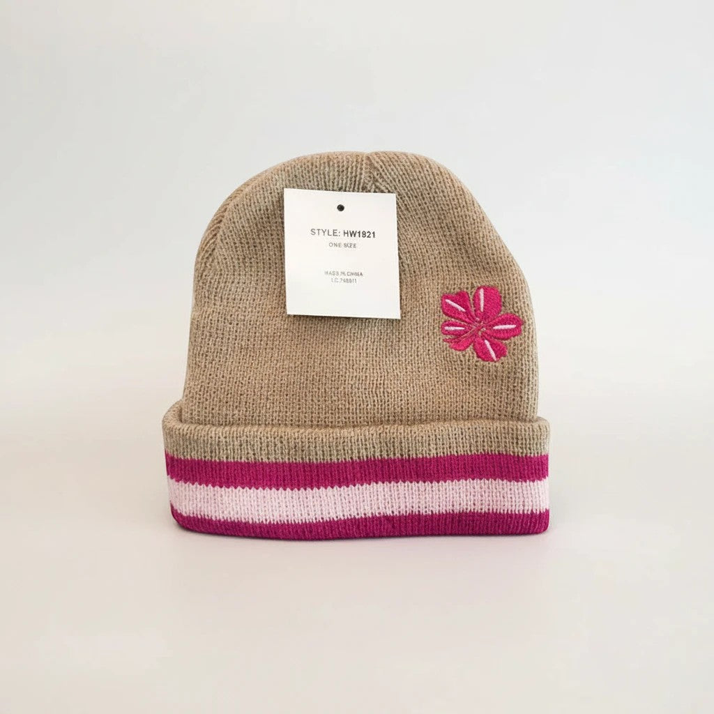 Stork And Baby brown knit infant winter hat with pink flower embroidery and striped brim.