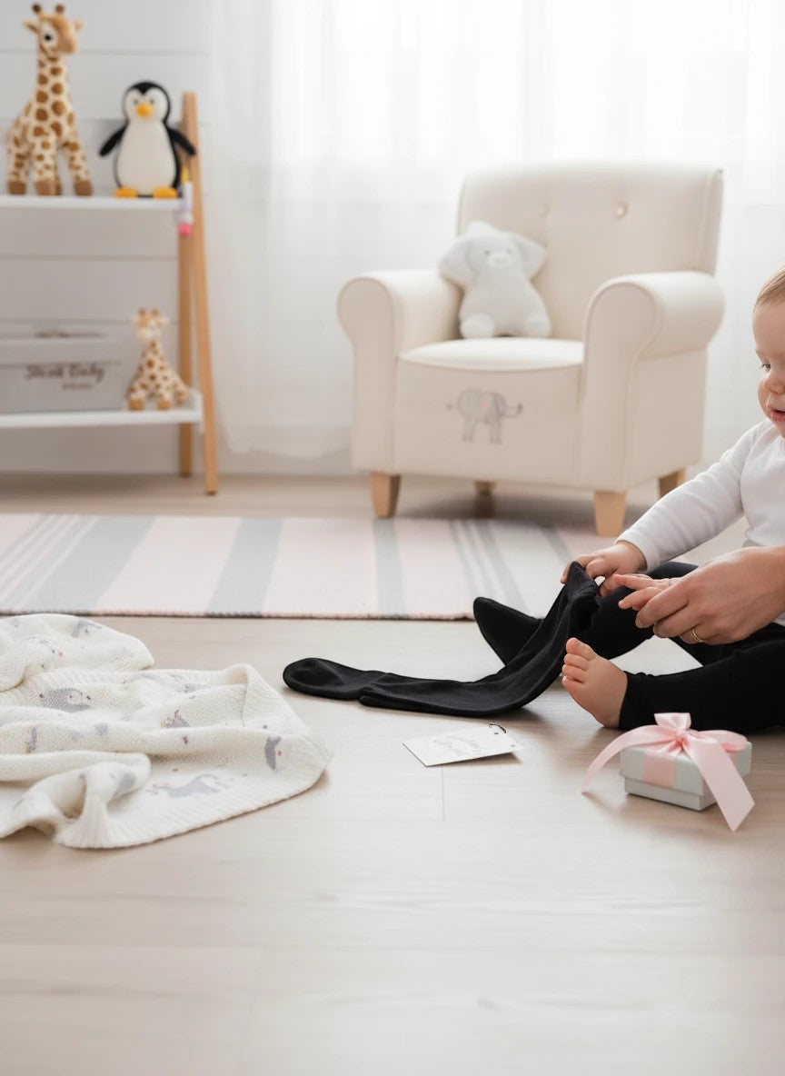 Stork And Baby Infants black leggings, soft stretchy fabric for comfort and movement. A baby is being dressed.