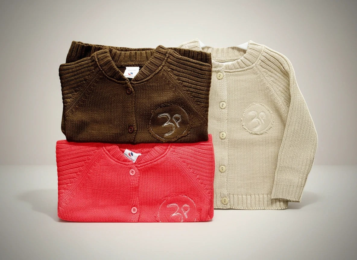 Stork And Baby infants cardigans in brown, red, and beige. Soft knit, button front, and embroidered logo detail.