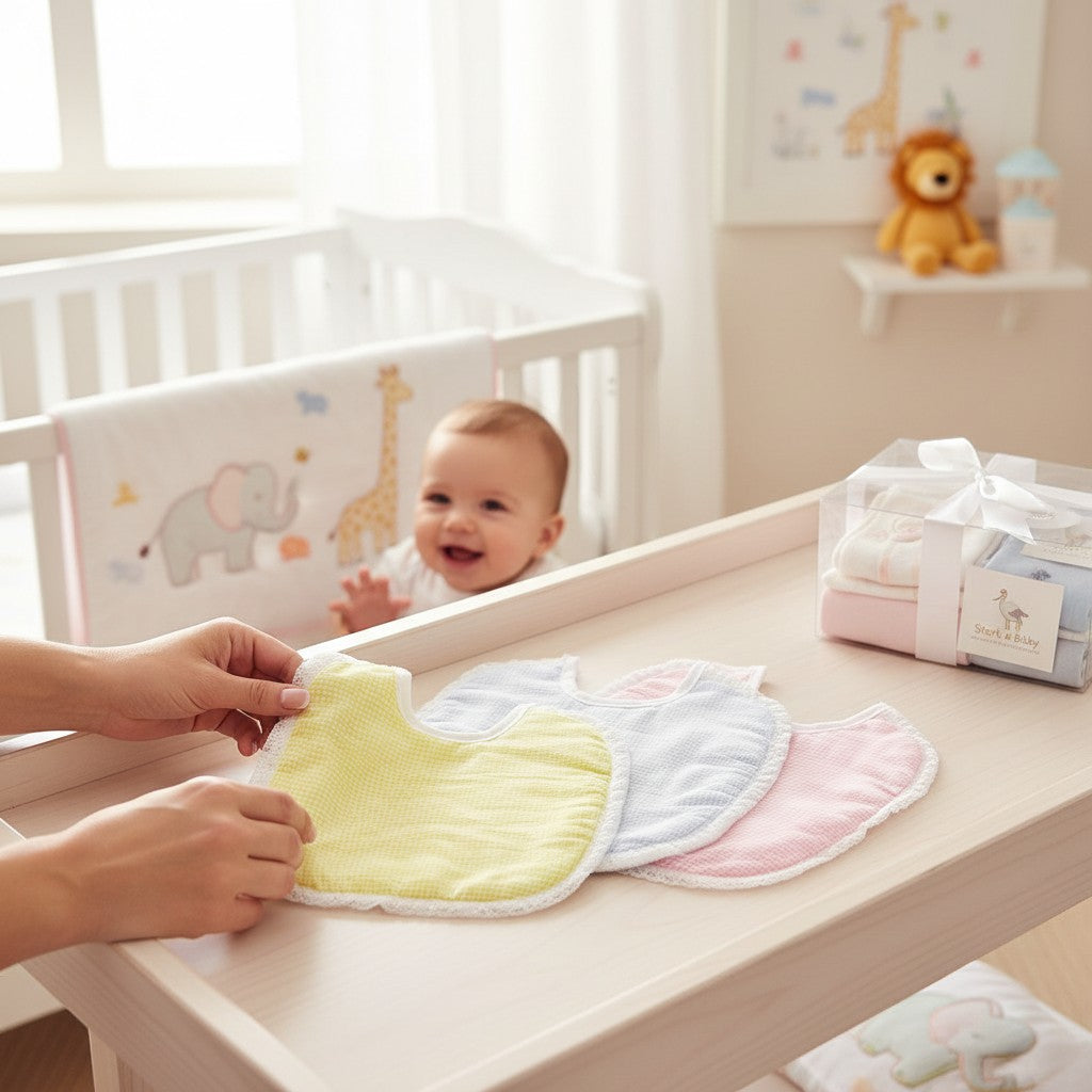 Stork and Baby infants check bibs in yellow, blue, and pink with white lace trim and PVC backing for feeding.