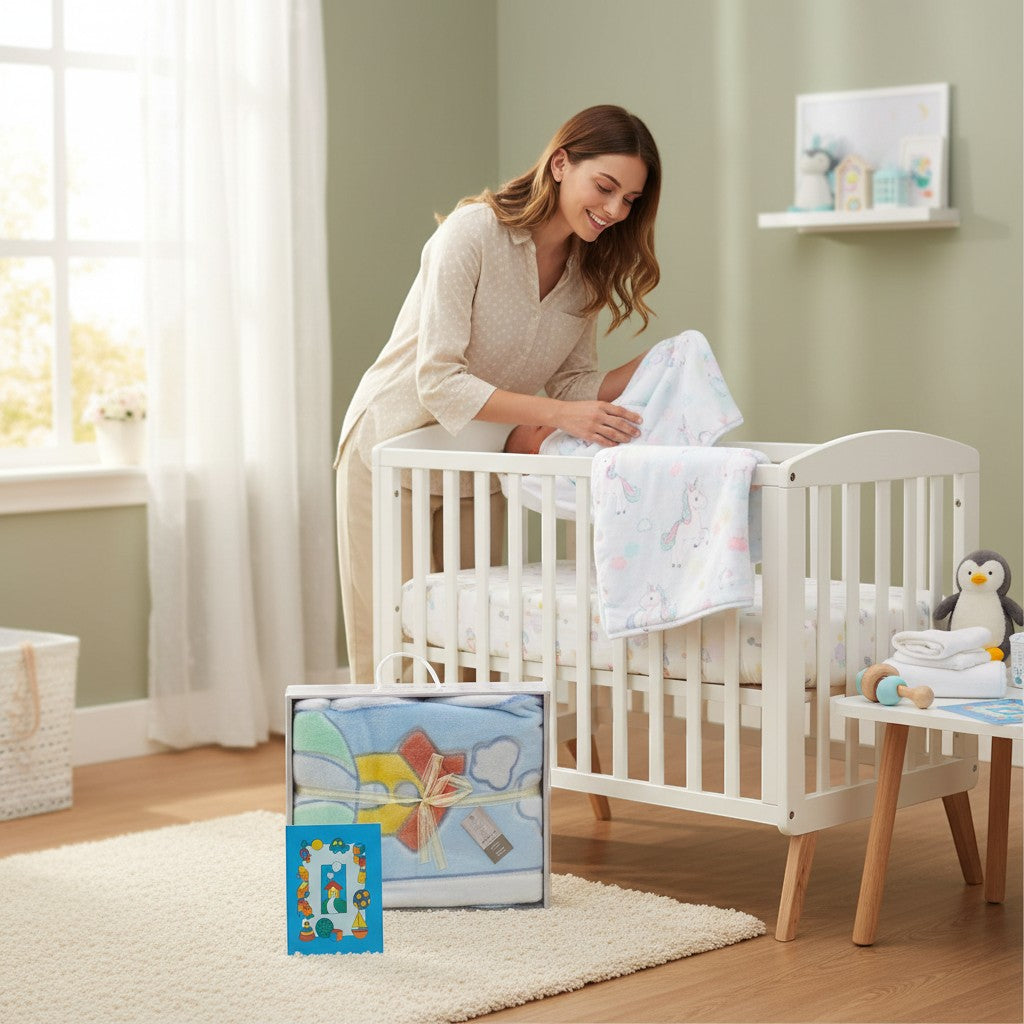 Stork And Baby blue cutwork blanket with airplane and cloud motifs for infants. A woman is placing a unicorn-print blanket on a crib.