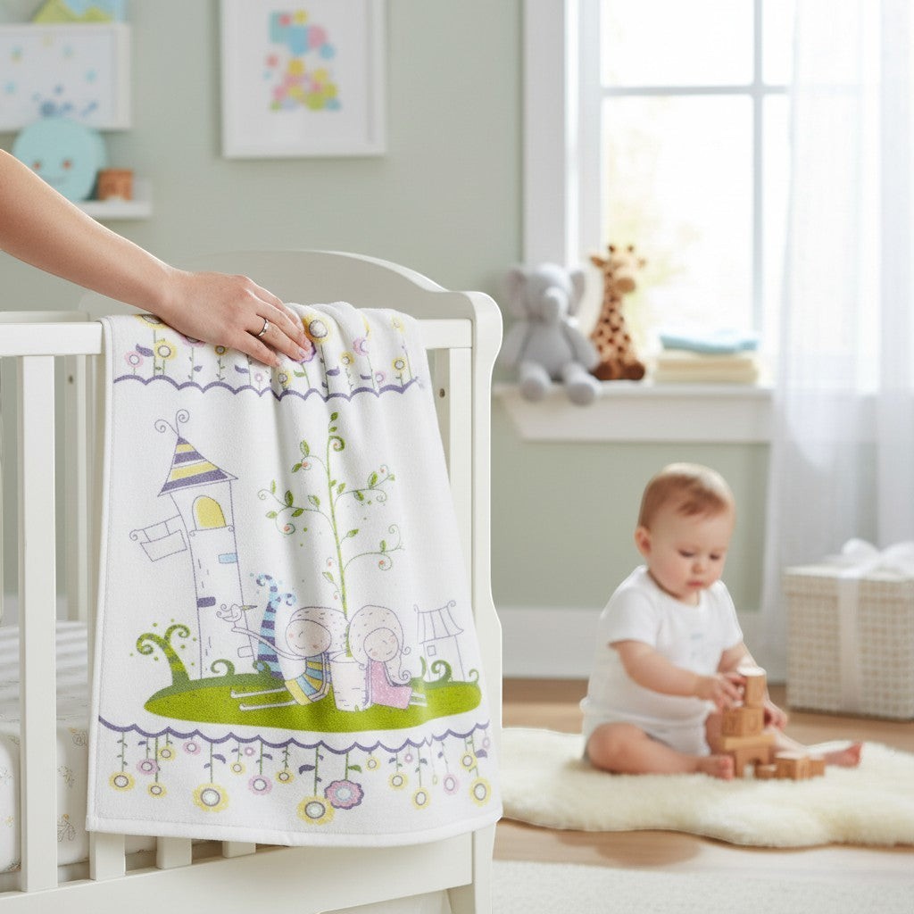 Stork And Baby white infants cutwork blanket with fairytale castle and characters design. Soft fleece material.