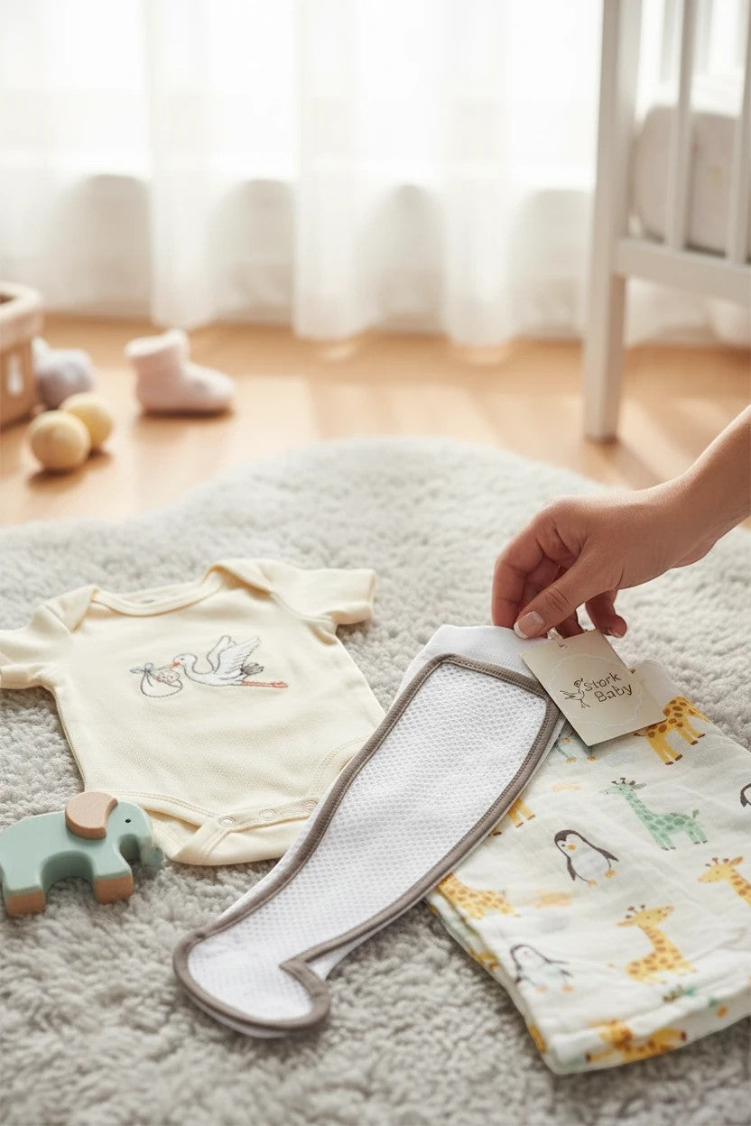 Stork And Baby infants lace leggings in white with a textured pattern and grey trim, paired with a cream onesie and giraffe print swaddle.