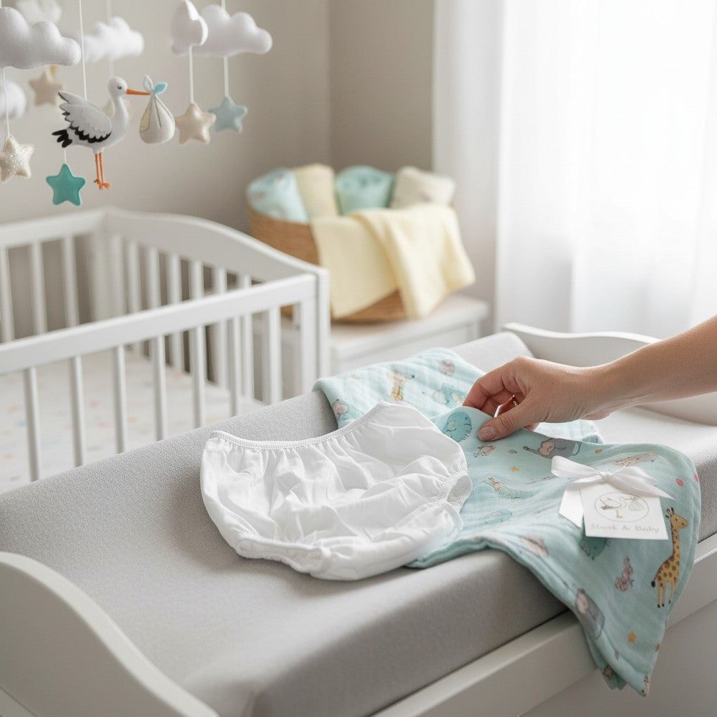 Stork And Baby white infants pull on Nicky pants and a light blue muslin swaddle with animal print.