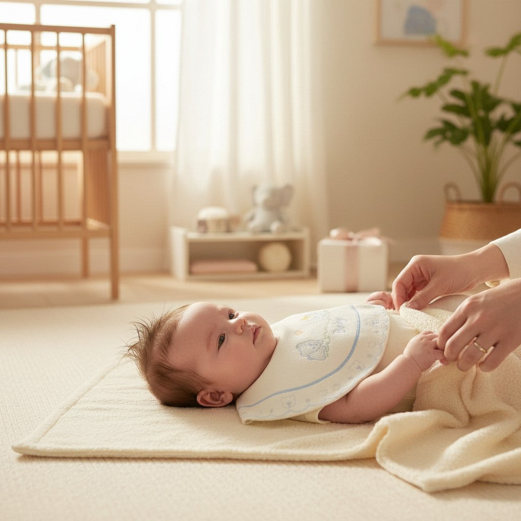 Stork And Baby infants towelling dribble bibs with blue trim and teddy bear print, on a baby lying on a cream mat.