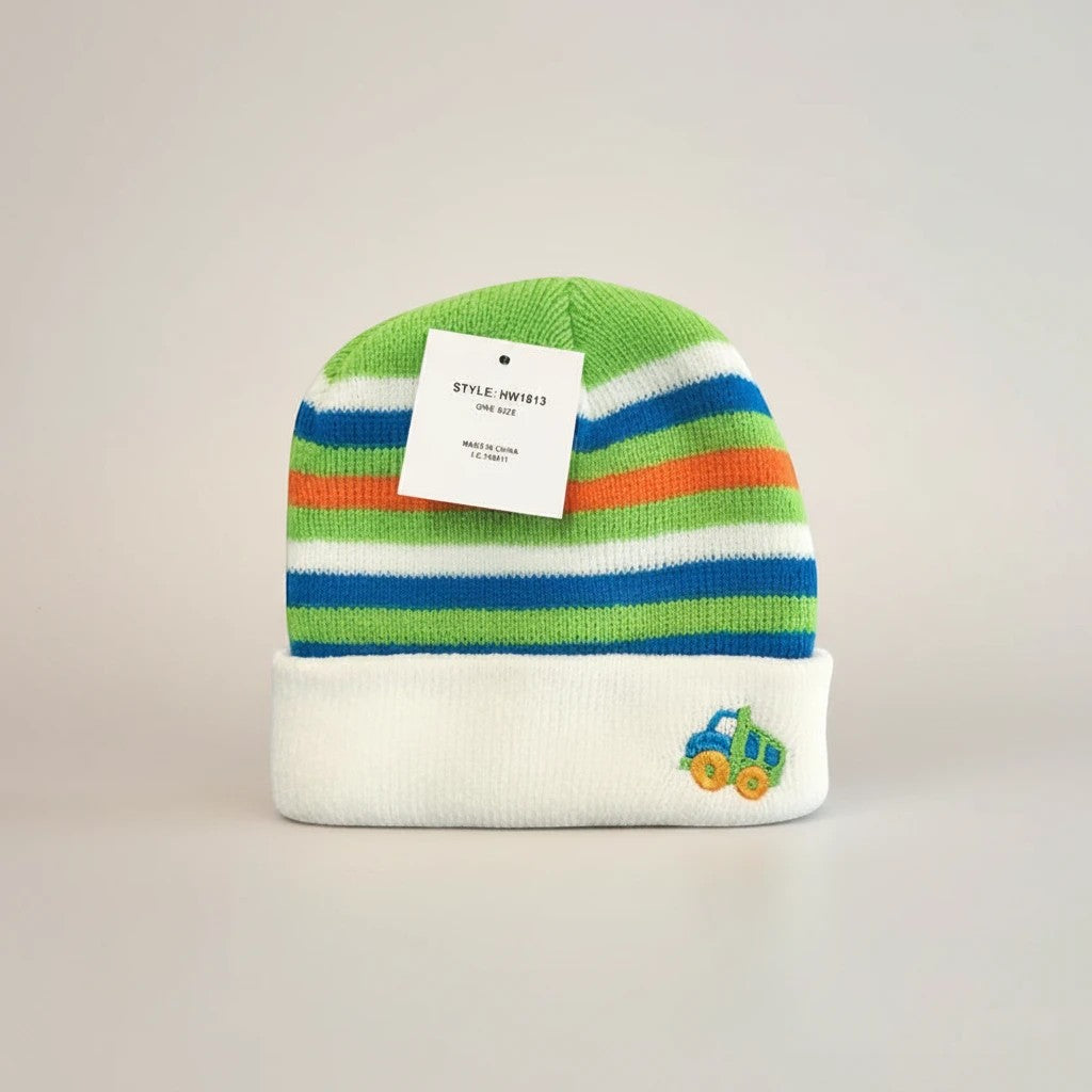 Stork And Baby infants winter hat with green, blue, and orange stripes and a white cuff featuring a truck embroidery.