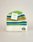 Stork And Baby infants winter hat with green, blue, and orange stripes and a white cuff featuring a truck embroidery.