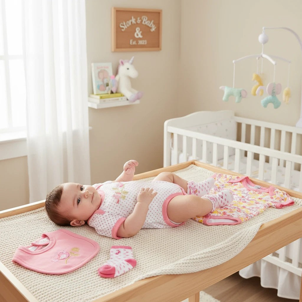 Stork And Baby Infants 5 Piece Starter Pack - Tweet Heart: white bodysuit with pink trim, floral print, and bib. Soft cotton.