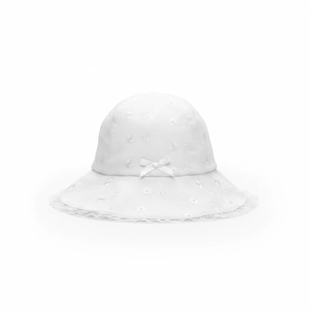 Stork And Baby Mother's Choice white infant hat with delicate anglaise embroidery, lace trim, and a small front bow.