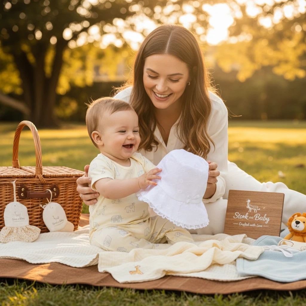 Stork And Baby Mother's Choice white anglaise hat held by a smiling mother for her baby during a sunny park picnic.
