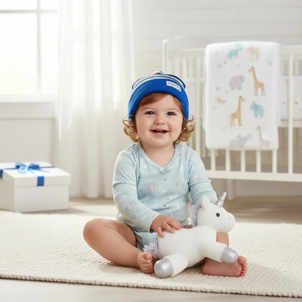 Stork And Baby blue and white striped knit infants winter hat with a soft comfortable fit for chilly days.