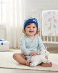 Stork And Baby blue and white striped knit infants winter hat with a soft comfortable fit for chilly days.
