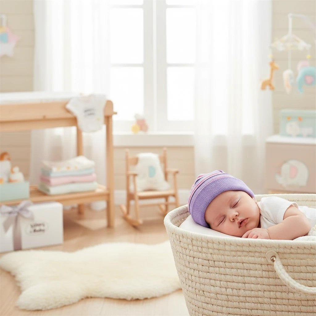 Stork And Baby purple and pink striped infants winter hat on sleeping baby in a basket