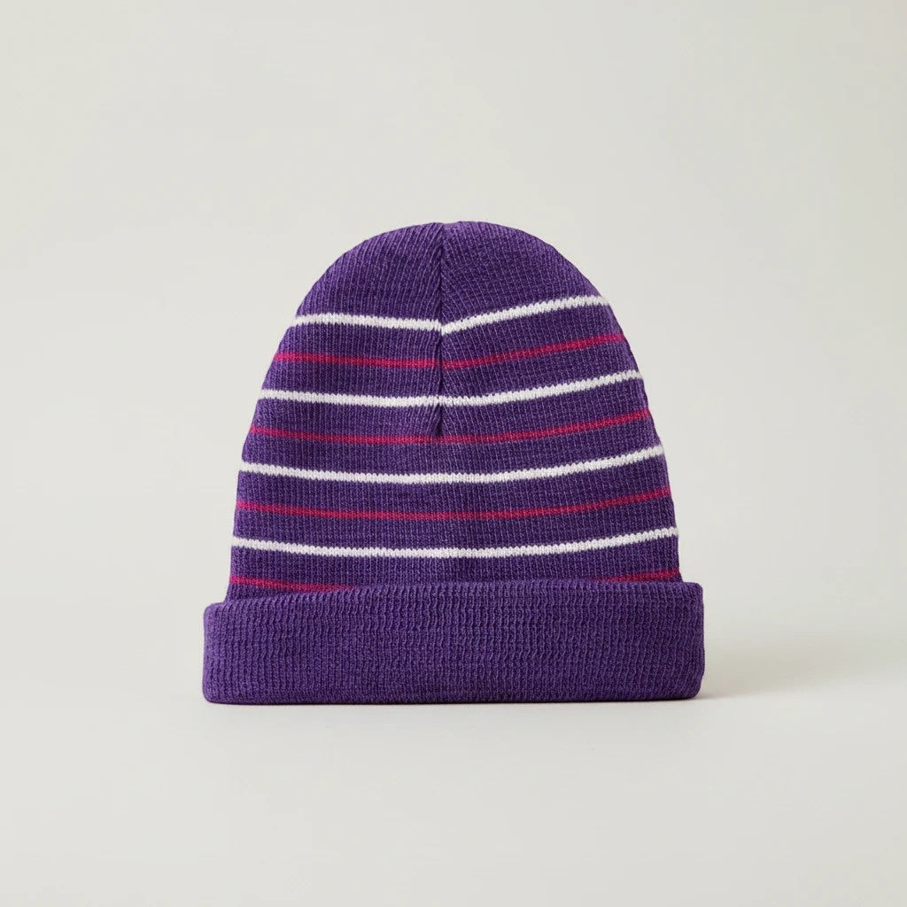 Stork And Baby purple striped knit infants winter hat with white and pink accents