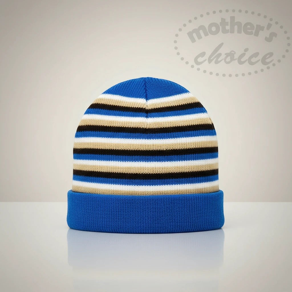 Stork And Baby blue, black, white, and tan striped knit infants winter hat with a solid blue cuff.