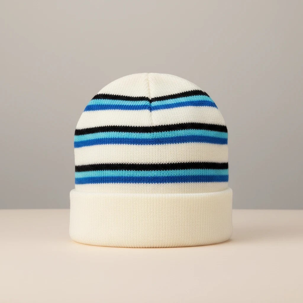 Stork And Baby infants winter hat in cream with blue and black stripes, cuffed brim