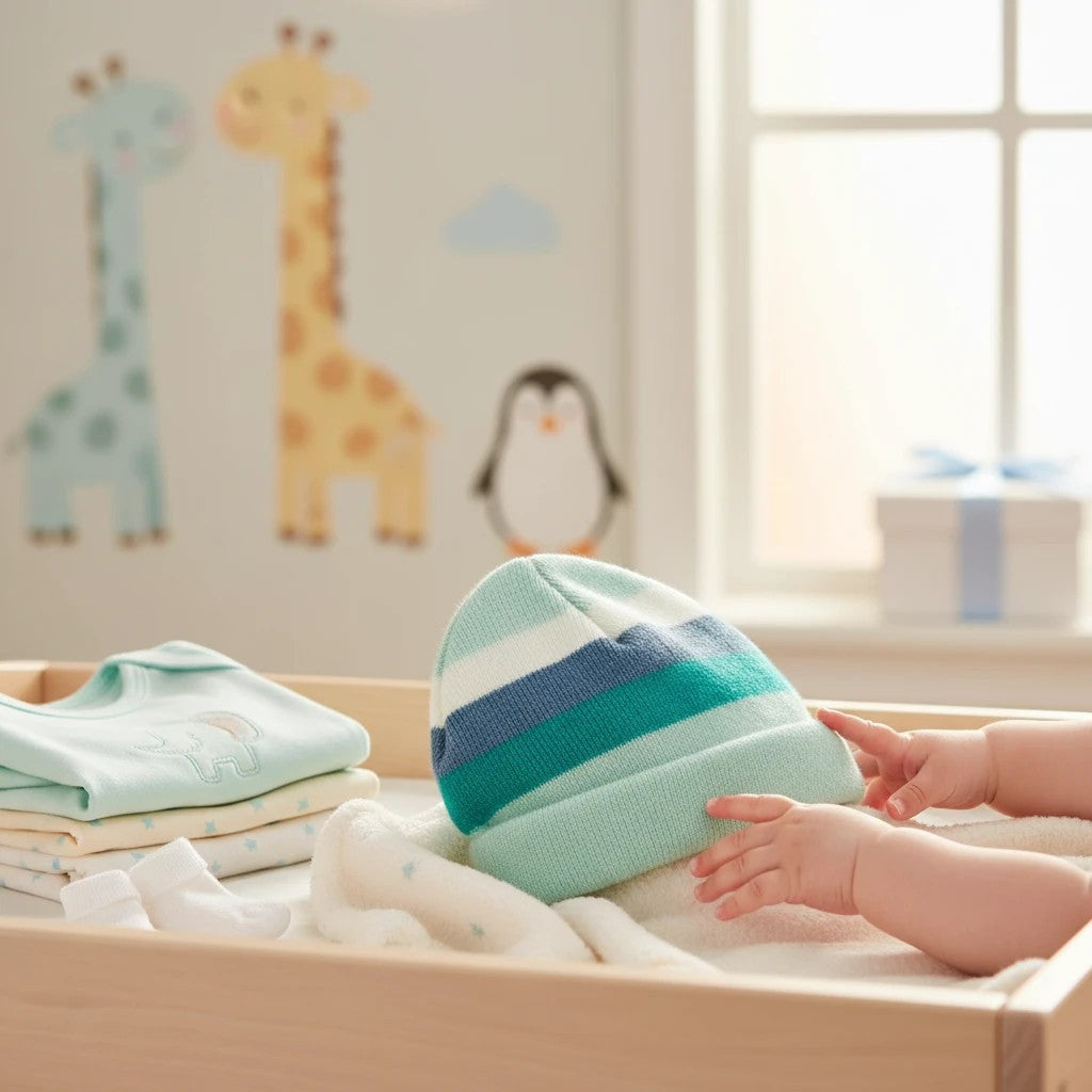 Stork And Baby striped knit infants winter hat in mint green, white, and blue. Soft and cozy for babies.