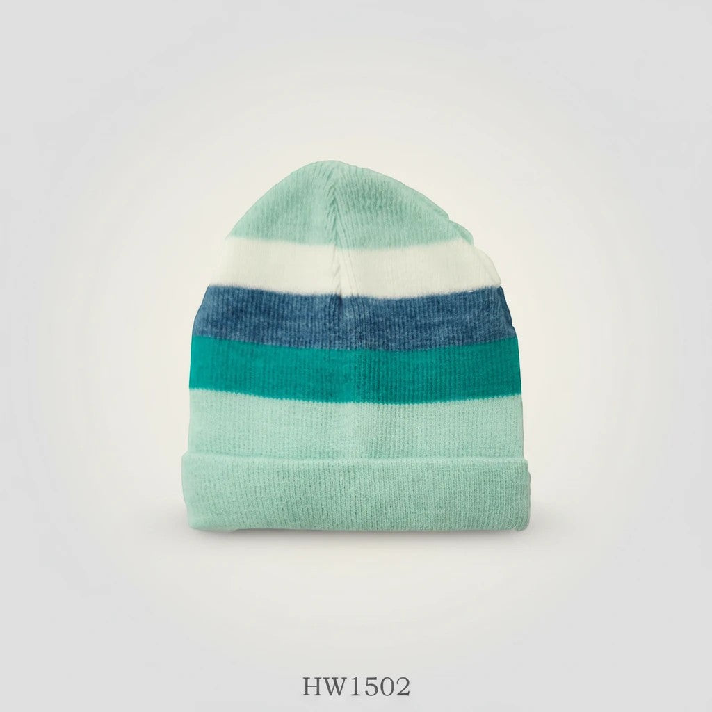 Stork And Baby striped knit infants winter hat in mint green, teal, blue, and white. Soft and cozy.