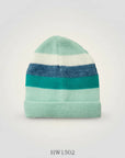 Stork And Baby striped knit infants winter hat in mint green, teal, blue, and white. Soft and cozy.