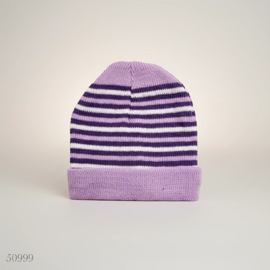 Stork And Baby purple and white striped knit infants winter hat with a cuffed brim.