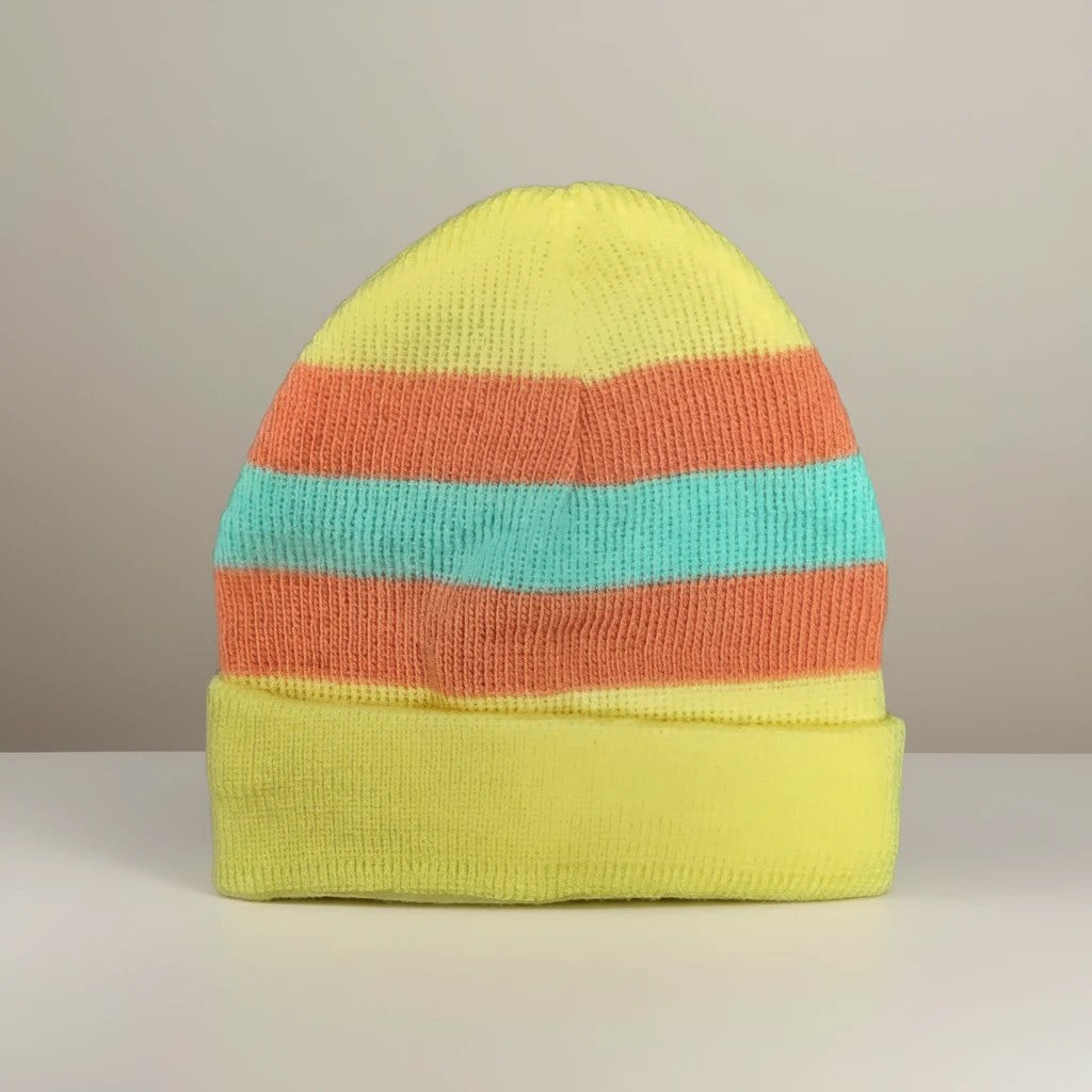 Stork And Baby yellow knit infants winter hat with coral and teal stripes