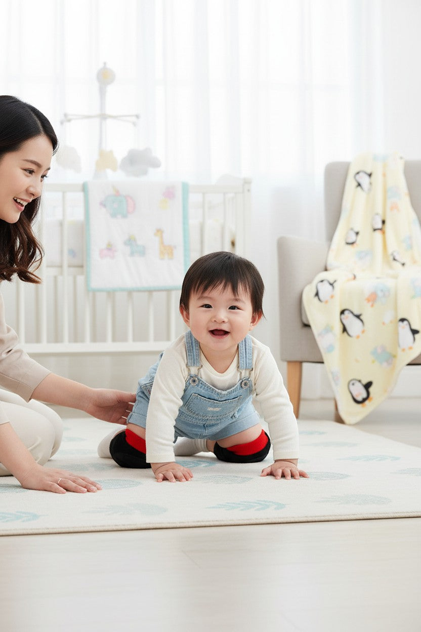 Stork And Baby red and navy knee guards for babies learning to crawl, protecting knees from rough surfaces.
