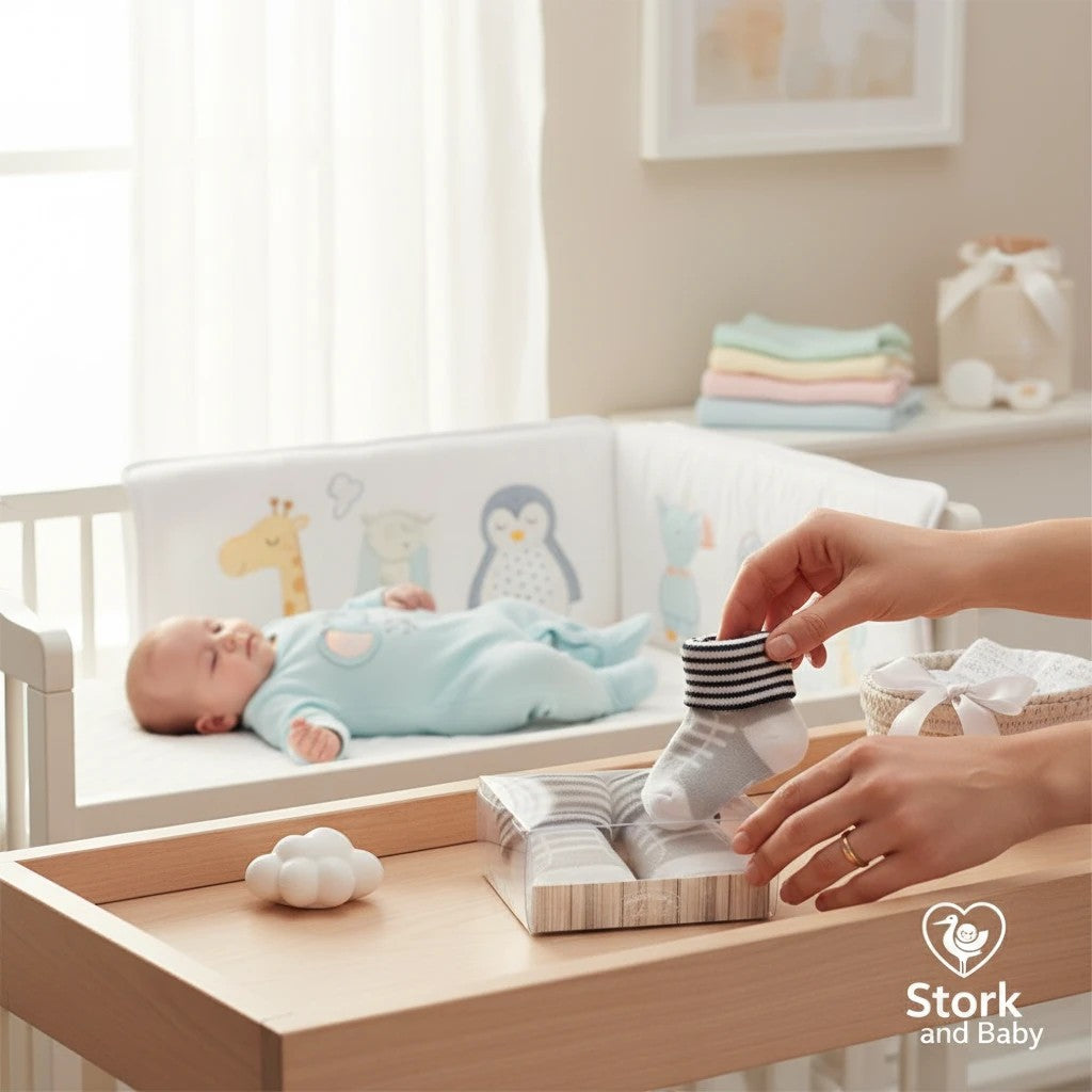 Stork and Baby navy and grey striped lace-up baby socks, soft cotton blend, 3-pack gift box.