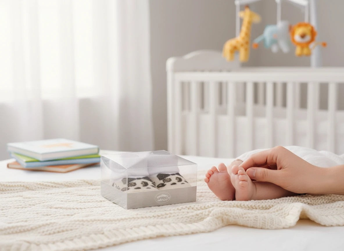 Stork And Baby leopard print infant socks in a clear box, with baby feet nearby.