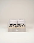 Stork And Baby infant girls leopard print socks, white cuffs, beige and black print, cotton blend, gift box.