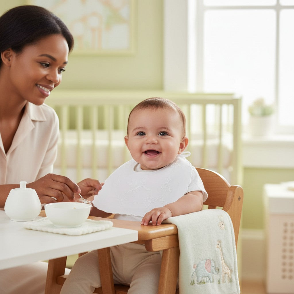Stork And Baby white embroidered linen/cotton bibs on a smiling baby in a high chair, with a mother feeding.