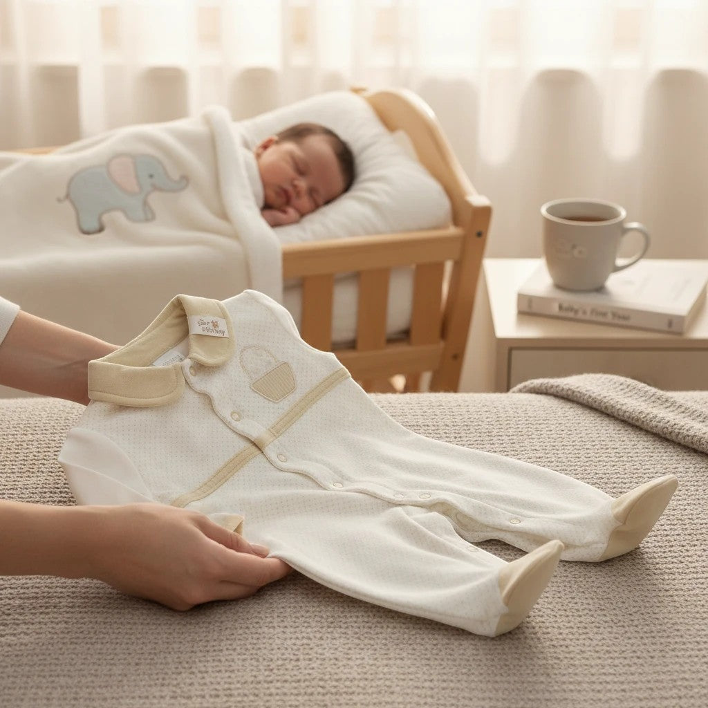 Stork And Baby cream longsleeve footed baby grower with a basket detail and beige trim. A baby sleeps in the background.