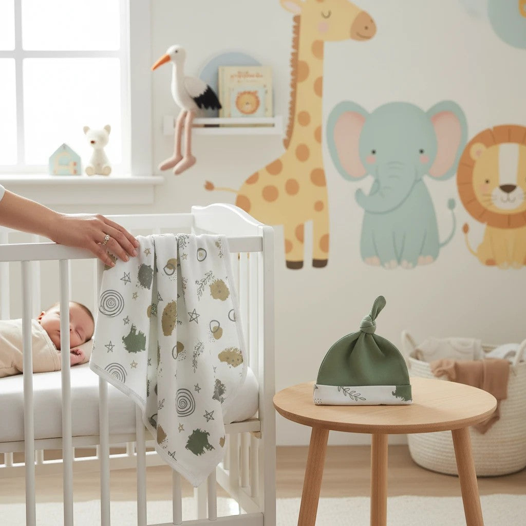 Stork And Baby 'Mint Art' baby blanket and hat set in white with green and gold abstract animal print.