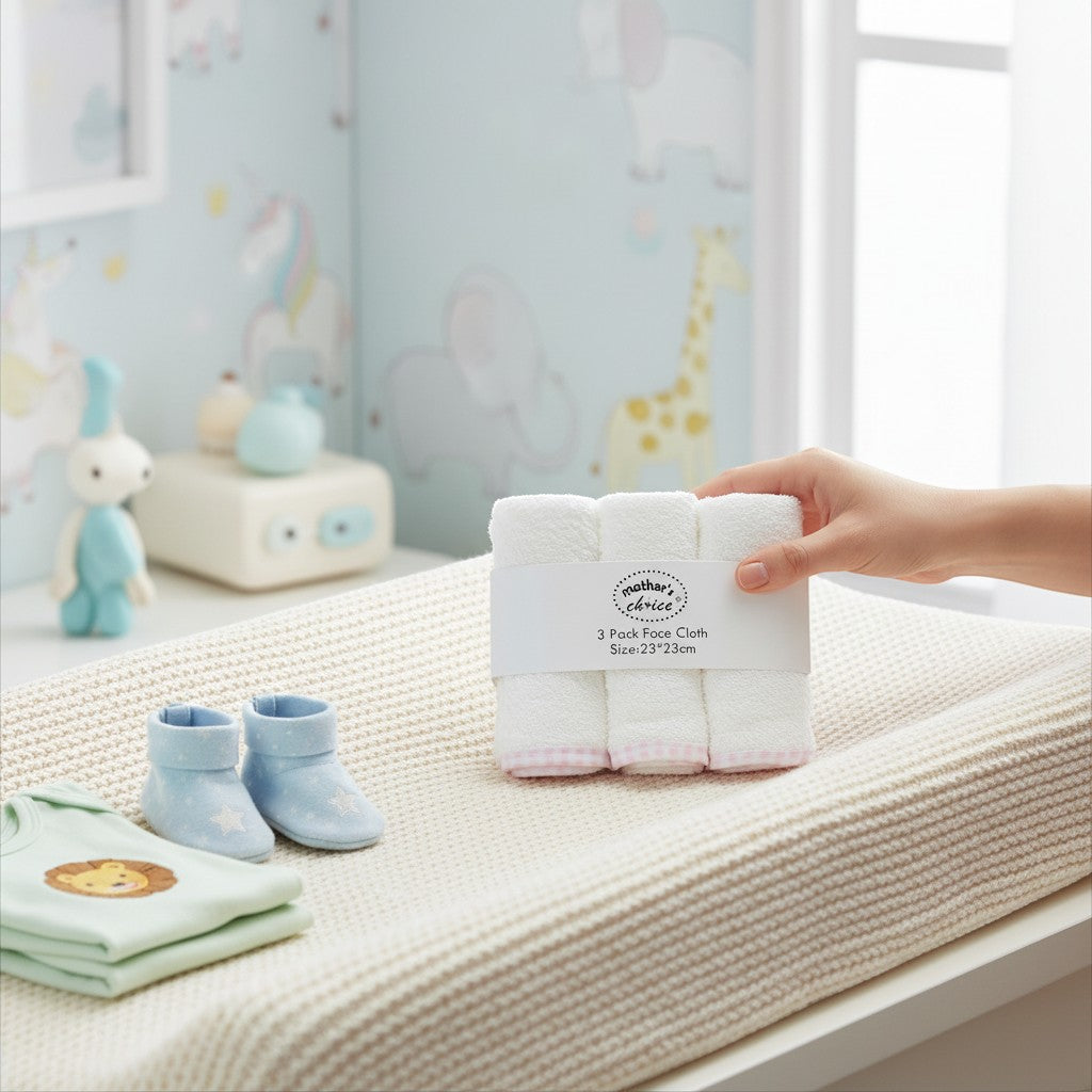 Stork And Baby Mother's Choice 3 pack white face cloths with pink gingham trim, soft cotton for baby.