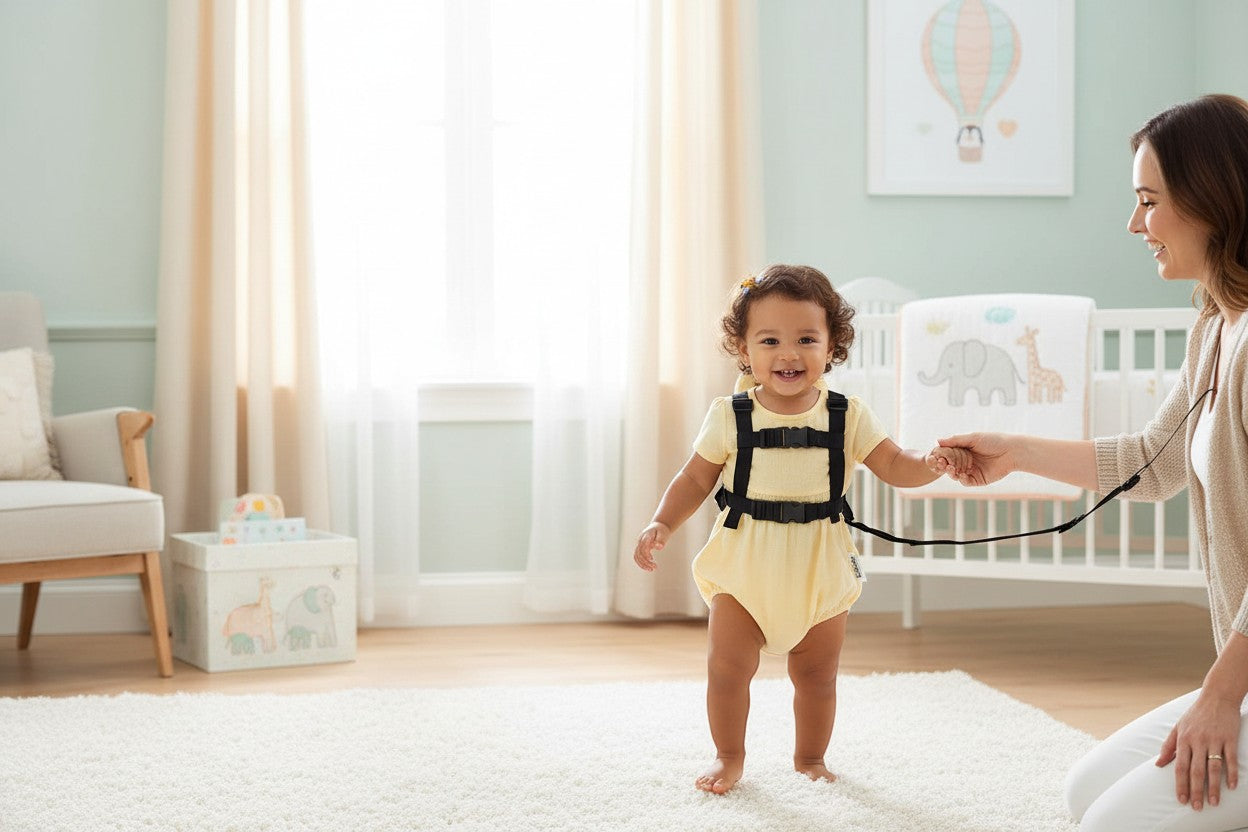 Stork And Baby Mothers Choice 2 In 1 Bee Harness on a smiling baby in a yellow romper, with a mother holding the leash.