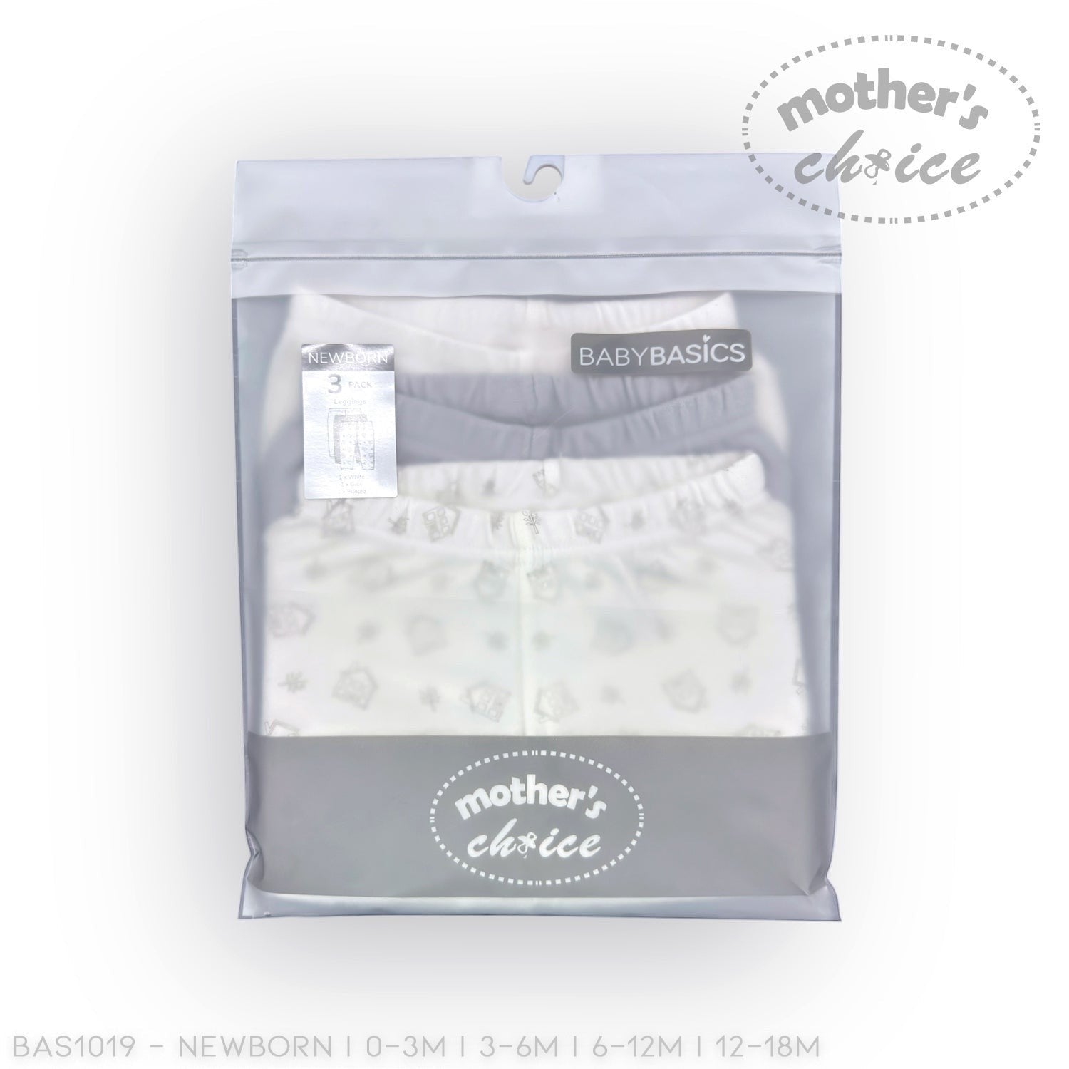 Stork And Baby Mothers Choice 3 pack white, grey, and patterned open feet baby leggings. Soft, stretchy, breathable cotton blend.