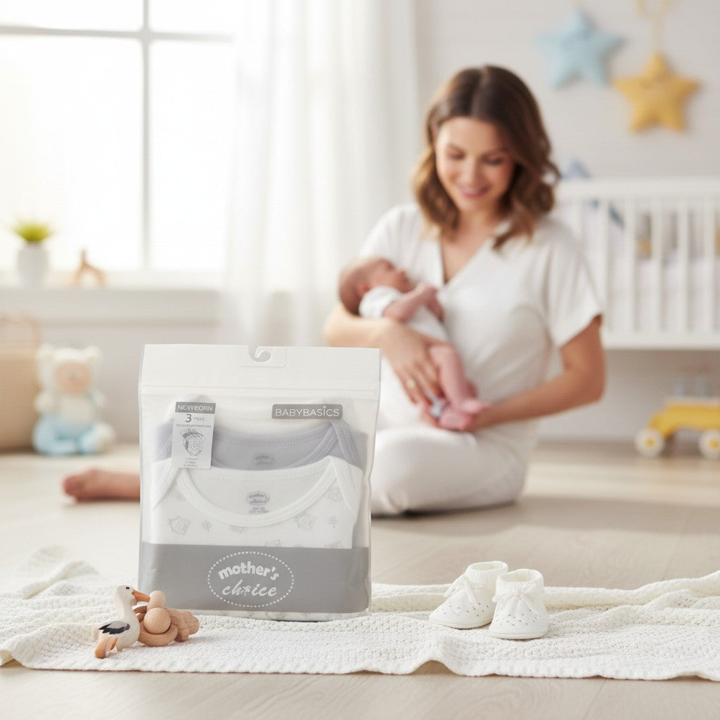 Stork And Baby Mothers Choice 3 pack newborn bodysuits, white and grey, short sleeves, soft cotton for baby.