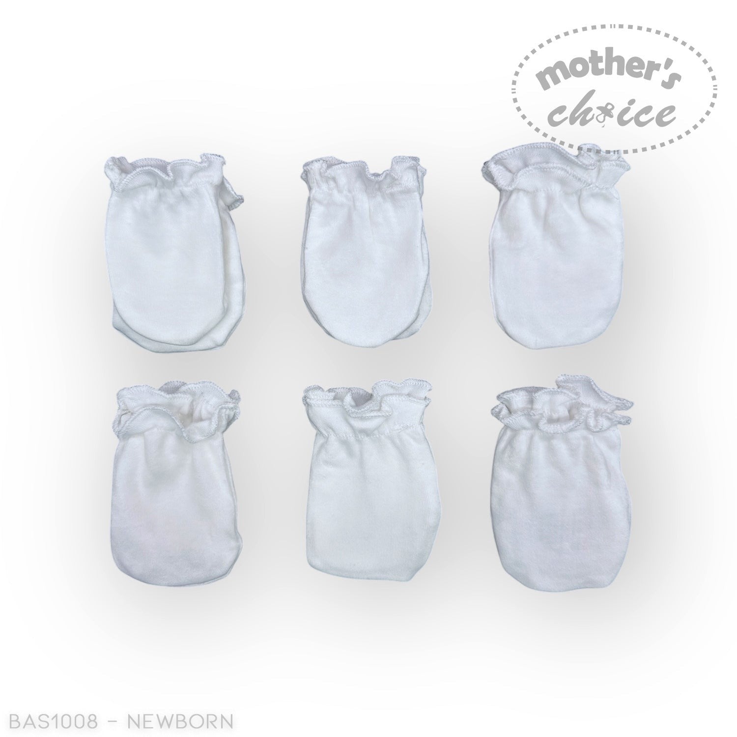 Stork And Baby Mothers Choice 6 Pack white newborn mittens made of soft cotton with ruffled cuffs to protect delicate skin.